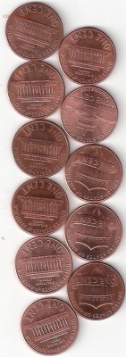 11шт. Одноцентовиков США разные - 11 центов А