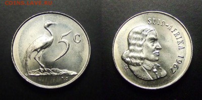 МОНЕТЫ МИРА 03-17 - ЮАР – 5 центов (1967) «Синий журавль; исследователь Ян ван Рибек»
