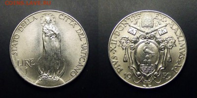 МОНЕТЫ МИРА 03-17 - Ватикан – 1 лира (1939) «Мадонна; Пий XII»