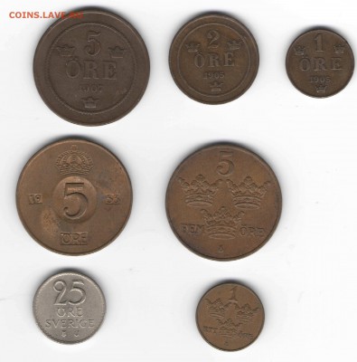 Монеты Швеции, 1905, 1907, 1950, 1953, 1967 Оценка - Оре разные аверс1