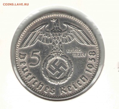 Германия, 1938, 5 марок, Гинденбург. D - Германия 5 марок Гинденбург D 1938 аверс