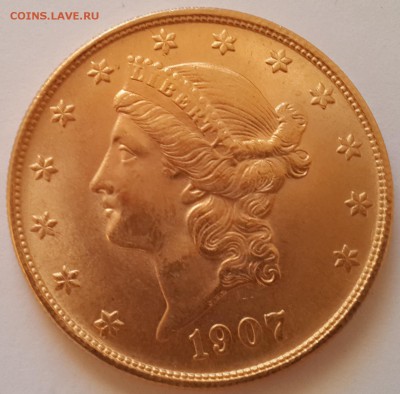 20$ долларов 1907г., золото. 33.40г - 3
