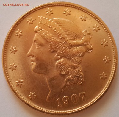 20$ долларов 1907г., золото. 33.40г - 4