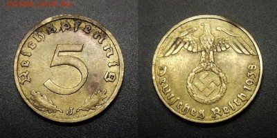 ГЕРМАНИЯ (Рейх) 5 пфеннигов (1938) до 10.04 (22.00) - Германия (3-й Рейх) – 5 рейхспфеннигов (1938 J) алюм.-бронза