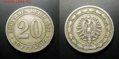 ГЕРМАНИЯ 20 пфеннигов (1887) до 12.04 (22.00) - Германия – 20 пфеннигов (1887) медь-ник. пф