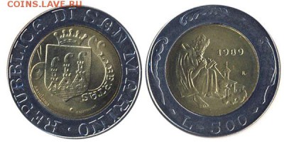 Биметалл!! Сан Марино 500 лир 1989 Зодчий - 985783