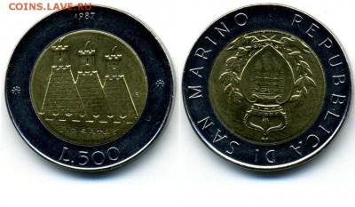 Биметалл!! Сан Марино 500 лир 1987 Возобновление чеканки - 500_lir_san_marino_1987_bimetall