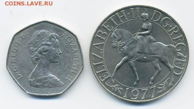 Британия юбилейные 50 пенсов 1973 и крона 1977 - Британия-юбилейка_50пенсов-1973_крона-1977_а