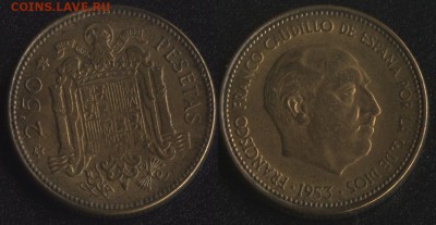 Испания 2,5 песет 1953 до 22:00мск 21.04.17 - Испания 2,5 песет 1953