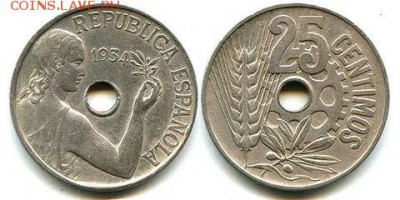 Монеты с отверстием в центре - Испания 25 сентимо, 1934