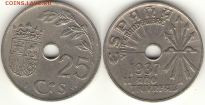 Монеты с отверстием в центре - испания25сентим1937
