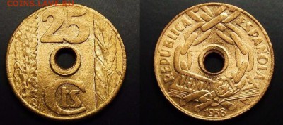Монеты с отверстием в центре - Испания – 25 сентимо (1938) медь (UNC)