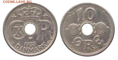 Монеты с отверстием в центре - Дания 10 эре, 1933