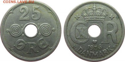 Монеты с отверстием в центре - Дания 25 эре, 1936
