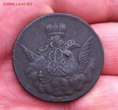 1 копейка 1755 года ММД (облачная, гурт сетка) - image