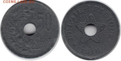 Монеты с отверстием в центре - Бельгия 50 сантимов, 1918