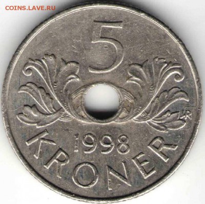 Норвегия 5 крон 1998 г. до 24.00 01.05.17 г. - им4