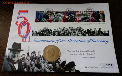 АНГЛИЯ - ЧЕРЧИЛЛЬ освобождение Гернси КОНВЕРТ 2.05, 22.00 - Англия - крона Черчилль 50 лет освобождения Гернси конверт