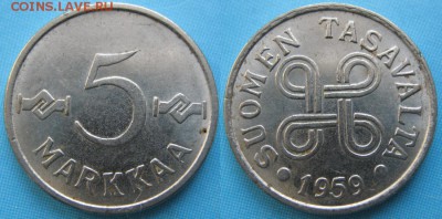 20.Разная инострань по фиксу - 20.13. -Финляндия 5 марок 1959    5194