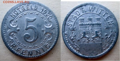 Нотгельды Германии. Обзорная тема. - Виттен 5 пф.1920г.