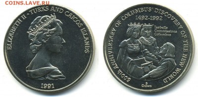Шайба Теркс и Кайкос 5 крона 1991 500 лет открытиям Колумба - 4dc5690634977