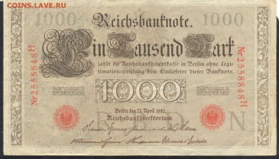 Германия 1000 марок 1910 г. 22.05.17 г. 22 -00 МСК. - 1000  м. 1910