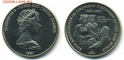 Крона Шайба Теркс и Кайкос 5 крон 1991 открытие Америки UNC - krona_shajba_terks_i_kajkos_5_kron_1991_otkrytie_ameriki_unc