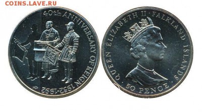 Крона Шайба Фолклендские острова 50 пенсов 1992 - krona_shajba_folklendskie_ostrova_50_pensov_1992_40_let_pravlenija_folklendy