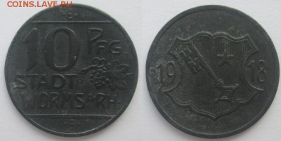 Нотгельды Германии. Обзорная тема. - 10 пф. 1918г. Вормс, цинк.JPG