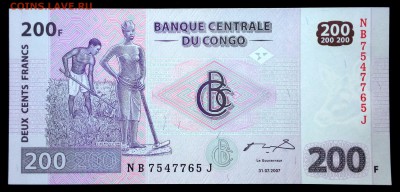 Конго 200 франков 2007 unc до 16.06.17. 22:00 мск - 2