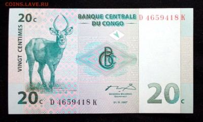 Конго 20 сантимов 1997 unc до 23.06.17. 22:00 мск - 20