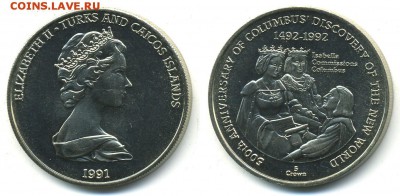 Шайба Теркс и Кайкос 5 крона 1991 500 лет открытиям Колумба - 4dc5690634977