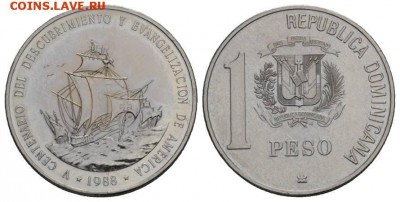 Доминиканская республика 1 песо 1988 Открытие Америки - dominikanskaja_respublika_1_peso_1988_korabl_dominikany_500_let_otkrytiju_i_evangelizacii_ameriki