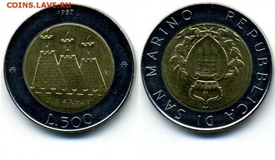Биметалл!! Сан Марино 500 лир 1987 Возобновление чеканки - 500_lir_san_marino_1987_bimetall