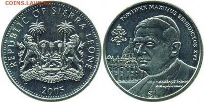 Крона Шайба Сьерра-леоне 1$ доллар 2005 понтифик Бенедикт 16 - 57fe76d775b98