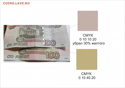 100 рублей 1997 изменённый цвет деталей изображения, брак? - Рисунок2