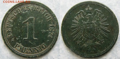 23.Ходячка Германии 1852-1943г. - 23.7. -Германия 1 пфенниг 1874 А   22-1