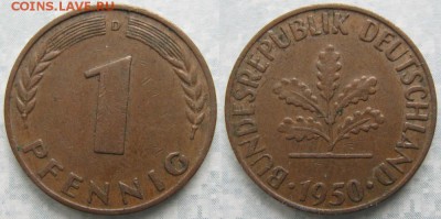24.Ходячка ФРГ 1 пфенниг 1949-1995г. - 24.3. -ФРГ 1 пфенниг 1950 D    7209
