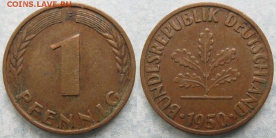 24.Ходячка ФРГ 1 пфенниг 1949-1995г. - 24.4. -ФРГ 1 пфенниг 1950 F    7575
