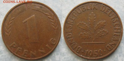 24.Ходячка ФРГ 1 пфенниг 1949-1995г. - 24.5. -ФРГ 1 пфенниг 1950 G    7567