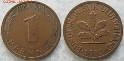 24.Ходячка ФРГ 1 пфенниг 1949-1995г. - 24.21. -ФРГ 1 пфенниг 1980 F шц    7291