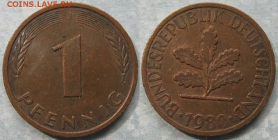 24.Ходячка ФРГ 1 пфенниг 1949-1995г. - 24.23. -ФРГ 1 пфенниг 1980 J шц    175-к16-7692