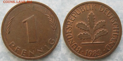 24.Ходячка ФРГ 1 пфенниг 1949-1995г. - 24.30. -ФРГ 1 пфенниг 1983 D    7271