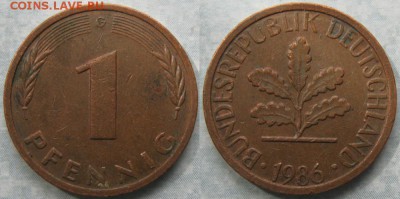 24.Ходячка ФРГ 1 пфенниг 1949-1995г. - 24.38. -ФРГ 1 пфенниг 1986 G    175-К16-7685