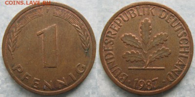 24.Ходячка ФРГ 1 пфенниг 1949-1995г. - 24.39. -ФРГ 1 пфенниг 1987 F    7586