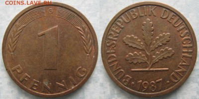 24.Ходячка ФРГ 1 пфенниг 1949-1995г. - 24.40. -ФРГ 1 пфенниг 1987 G    7214