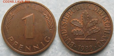 24.Ходячка ФРГ 1 пфенниг 1949-1995г. - 24.41. -ФРГ 1 пфенниг 1988 F    7137
