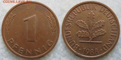 24.Ходячка ФРГ 1 пфенниг 1949-1995г. - 24.43. -ФРГ 1 пфенниг 1988 J    7473