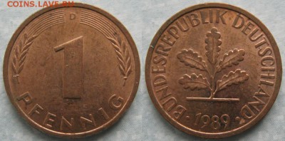 24.Ходячка ФРГ 1 пфенниг 1949-1995г. - 24.44. -ФРГ 1 пфенниг 1989 D    7192
