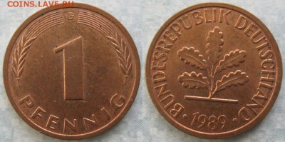 24.Ходячка ФРГ 1 пфенниг 1949-1995г. - 24.45. -ФРГ 1 пфенниг 1989 G    7276